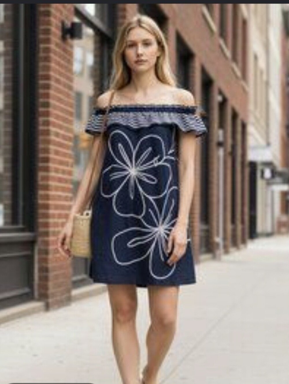 Parker Jody Off-Shoulder Blue Horizon dress with embroidered floral sz Sm